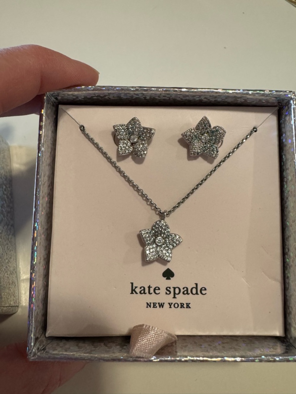 kate spade Silver Crystal Flower Necklace and Stud Earrings Set